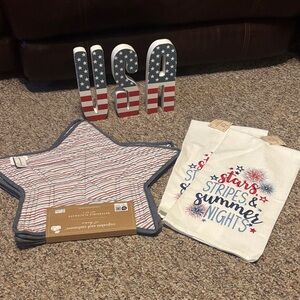 Bundle of new USA Stars & stripes decorations Towels, placemats Red, White Blue